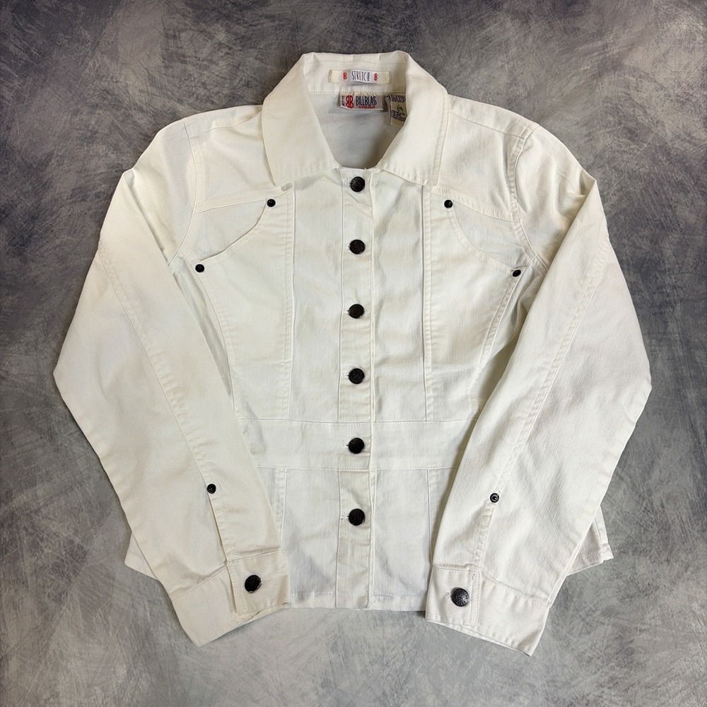 Vintage Bill Blass Jeanswear Jacket Womens PL White Stretch Denim Button Up